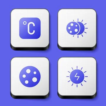 Set Celsius, Eclipse of the sun, Moon and Solar energy panel icon. White square 스톡 일러스트
