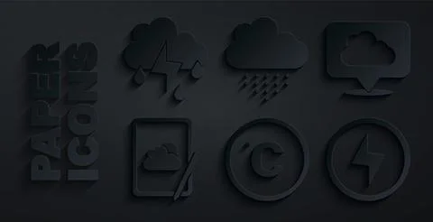 Set Celsius, Location cloud, Weather forecast, Lightning bolt, Cloud with rain Illustrazione stock