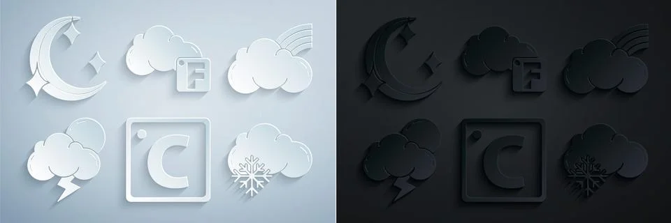 Set Celsius, Rainbow with clouds, Storm, Cloud snow, Fahrenheit and and Moon Ilustração Stock