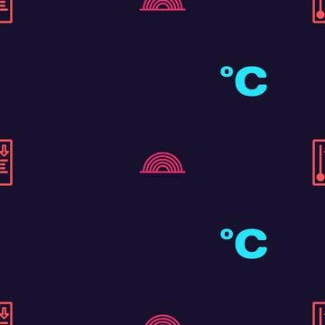 Set Celsius, Rainbow with sun, and Meteorology thermometer on seamless pattern Stock Illustration