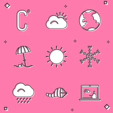 Set Celsius, Sun and cloud, Earth globe, protective umbrella for beach Stock Illustration