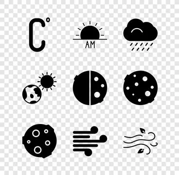 Set Celsius, Sunrise, Cloud with rain, Moon, Wind, Earth globe and sun and .. Ilustração Stock