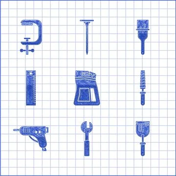 Set Cement bag, Adjustable wrench, Putty knife, Chisel tool for wood, Electric Stock Illustration