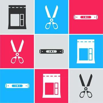 Set Cement bag, Scissors and Construction bubble level icon. Vector Stock Illustration