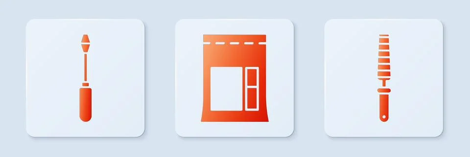 Set Cement bag, Screwdriver and Chisel tool for wood. White square button. .. Stock Illustration