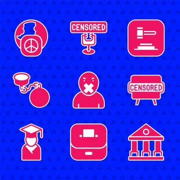 Set Censor and freedom of speech, Vote box, Courthouse building, Censored stamp 스톡 일러스트