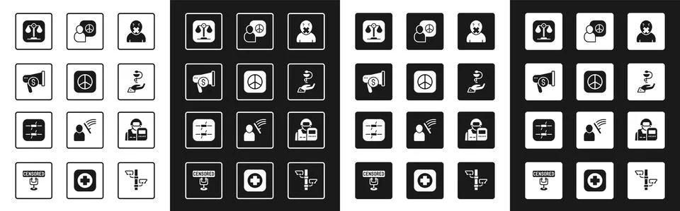 Set Censor and freedom of speech, Peace, Megaphone dollar, Scales justice Stock Illustration