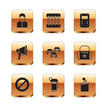 Set Censor and freedom of speech, Ban, Hand grenade, Traffic jam, Megaphone Illustrazione stock