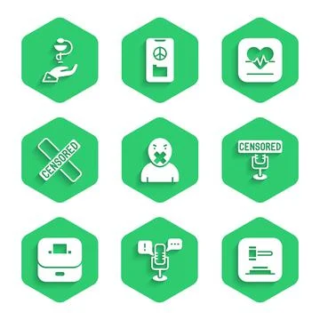 Set Censor and freedom of speech, Freedom, Judge gavel, Censored stamp, Vote box Stock Illustration