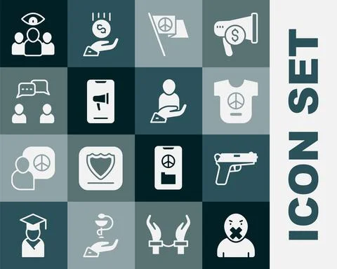 Set Censor and freedom of speech, Pistol gun, Peace, Protest, Speech bubble chat Stock Illustration