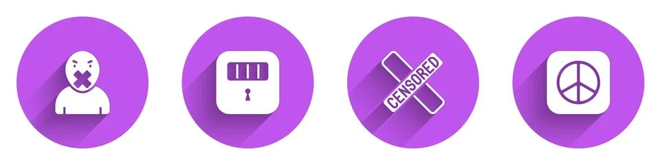 Set Censor and freedom of speech, Prison cell door, Censored stamp and Peace Illustrazione stock