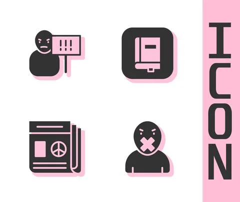 Set Censor and freedom of speech, Protest, News and Law book icon. Vector Illustrazione stock