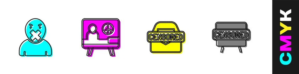 Set Censor and freedom of speech, Peace, Censored stamp and icon. Vector Illustrazione stock