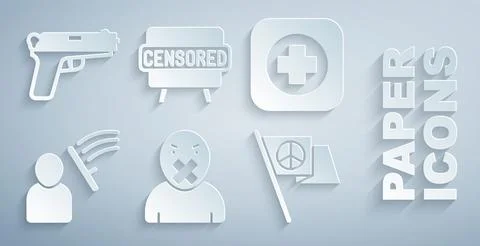 Set Censor and freedom of speech, Hospital signboard, Police beat human, Peace Stockillustratie
