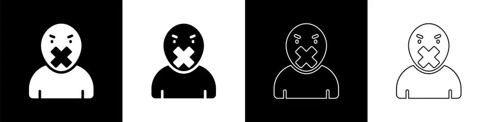 Set Censor and freedom of speech concept icon isolated on black and white Stock Illustration