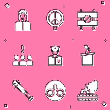 Set Censor and freedom of speech, Peace, Road barrier, Crowd protest, Police Stock Illustration
