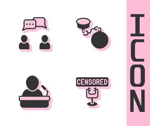 Set Censored stamp, Speech bubble chat, Speaker and Ball on chain icon. Vector Stock Illustration