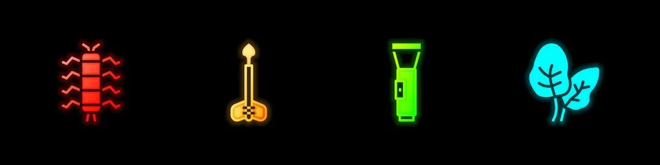 Set Centipede insect, Arrow, Flashlight and Tropical leaves icon. Vector Stock Illustration