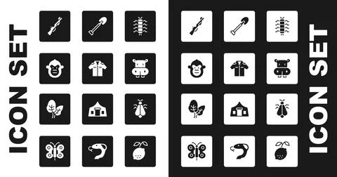 Set Centipede insect, Shirt, Monkey, Hunting gun, Hippo or Hippopotamus, Shovel Stock Illustration