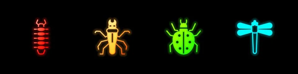 Set Centipede, Termite, Mite and Dragonfly icon. Vector Stock Illustration