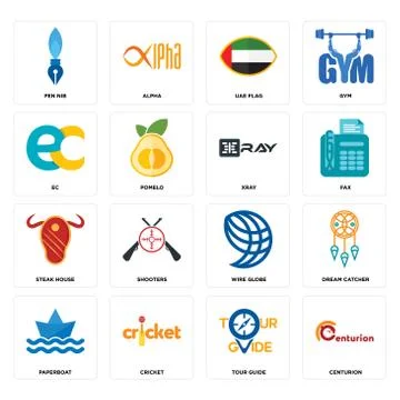Set of centurion, tour guide, paperboat, wire globe, steak house, xray, ec, u Free Stock Illustration