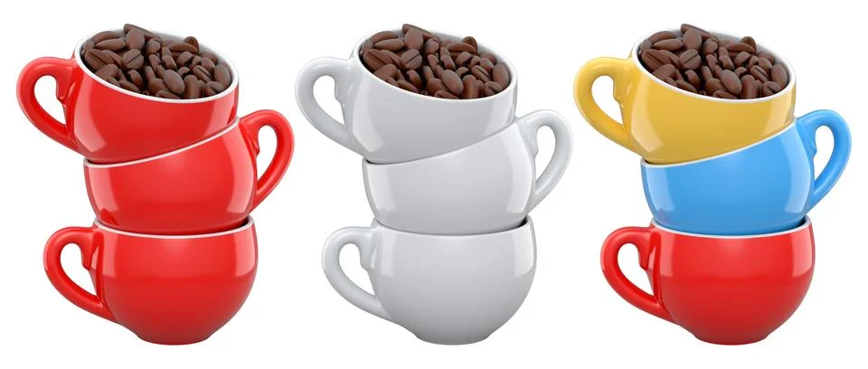 Set of ceramic coffee cups filled with roasted coffee beans, glossy style, is Stock Illustration