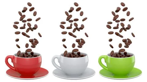 Set of ceramic coffee cups filled with roasted coffee beans, glossy style, is Stock Illustration