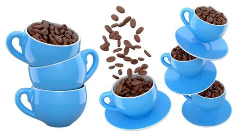 Set of ceramic coffee cups filled with roasted coffee beans, glossy style, .. Stock Illustration