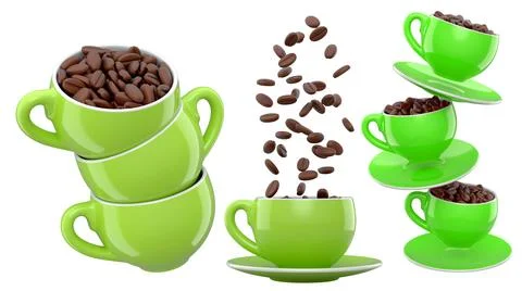 Set of ceramic coffee cups filled with roasted coffee beans, glossy style, is Stock Illustration