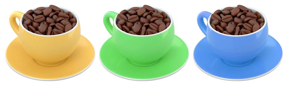 Set of ceramic coffee cups filled with roasted coffee beans, glossy style, is Stock Illustration