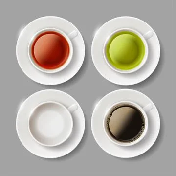Set of ceramic cups with beverages of coffee, green and brown te Stock-Illustration
