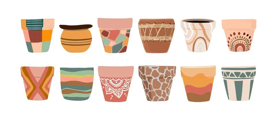 Set of ceramic flower pots with different stylish decoration. Stock Illustration