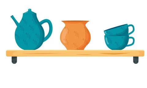 Set ceramic kitchenware. Cute handmade ceramic plates, mugs, sugar bowl, teapots Stock Illustration