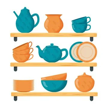Set ceramic kitchenware. Cute handmade ceramic plates, mugs, sugar bowl, teap 스톡 일러스트