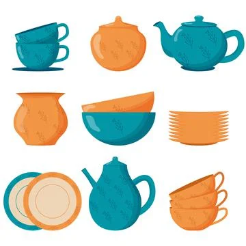 Set ceramic kitchenware. Cute handmade ceramic plates, mugs, sugar bowl, teap Stock Illustration