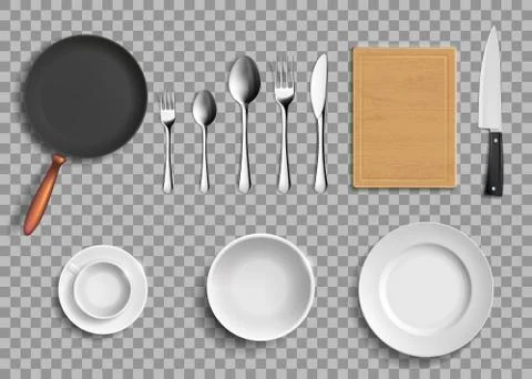 Set of ceramic plates and kitchen utensils. 스톡 일러스트