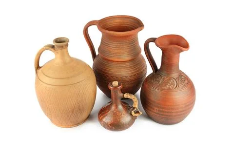 Set of ceramic pot - kitchen retro equipment of cooking isolated on white b.. Stock Photos