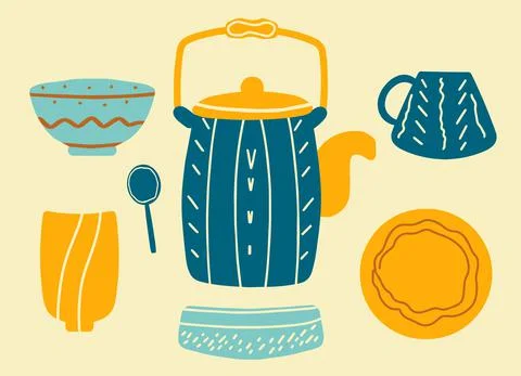 Set of ceramic tableware with design elements Stock Illustration