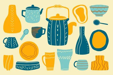 Set of ceramic tableware with design elements. Collection for tea drinking and Stock Illustration