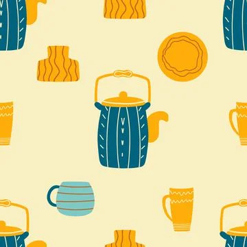 Set of ceramic tableware with design elements. Collection for tea drinking and Stockillustratie