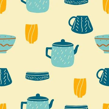 Set of ceramic tableware with design elements. Collection for tea drinking and Stock Illustration