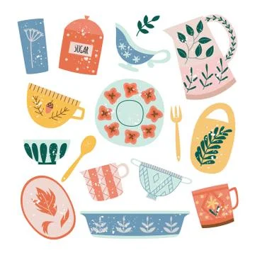 Set of ceramic tableware or crockery in flat cartoon style Stock-Illustration