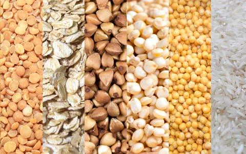 Set of cereal flakes split peas, buckwheat, grains,wheat cereal, sunflower seeds Stock Photos