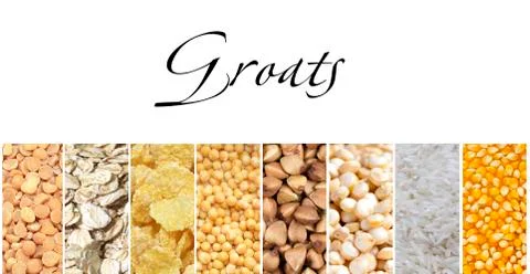 Set of cereal flakes split peas, buckwheat, grains,wheat cereal, sunflower seeds Stock Photos