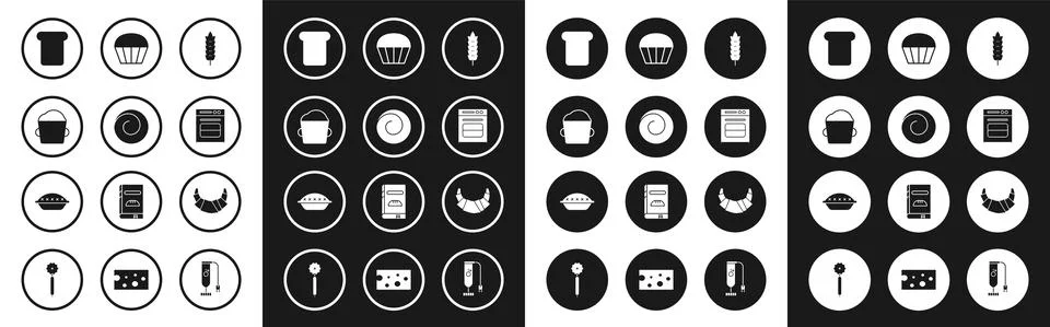 Set Cereals with rice, wheat, corn, oats, rye, Roll bun cinnamon, Bakery bowl Illustrazione stock