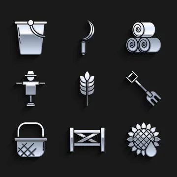 Set Cereals with rice, wheat, corn, oats, rye, Garden fence wooden, Sunflower Illustration