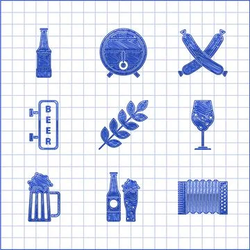 Set Cereals set with rice, corn, oats, rye, barley, Beer bottle and glass Illustrazione stock