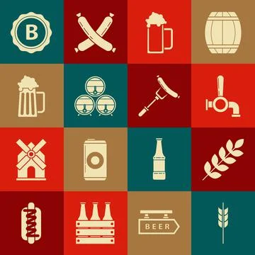 Set Cereals set with rice, wheat, corn, oats, rye, barley, Beer tap, Glass of Illustrazione stock