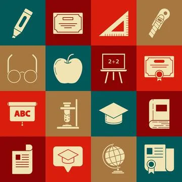 Set Certificate template, Book, Triangular ruler, Apple, Glasses, Marker pen and Stock Illustration