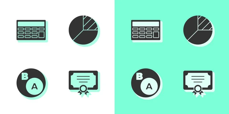 Set Certificate template, Calculator, Subsets, math, is subset of b and Pie Stock Illustration